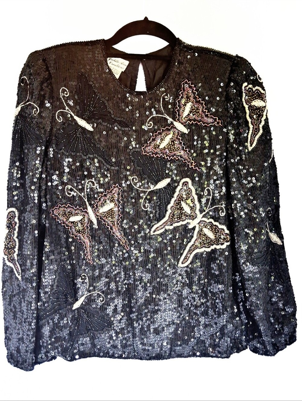 80's Vintage Judith Ann Creations Silk Sequin Handmade Black Butterfly Blouse